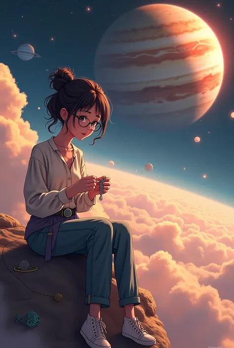 Nerdy female anime character on top of the planet Jupiter making jewelry with her fingers 