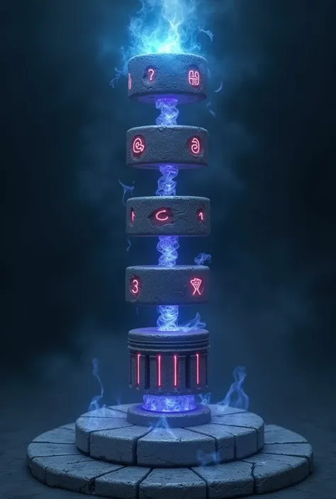 "A mystical, vertical Doric-style pillar with a smooth, round structure, composed of five distinct floating segments stacked above one another like a modular assembly ruined toy. Each segment features intricately carved with glowing arcane red symbols radi...