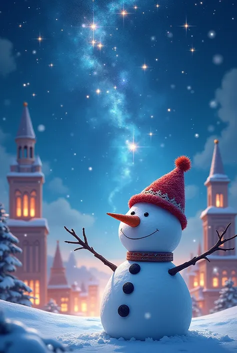 Fantastic starry sky、A snowman wearing a hat in a bright city covered with snow。Shining。Please have a beautiful image quality 