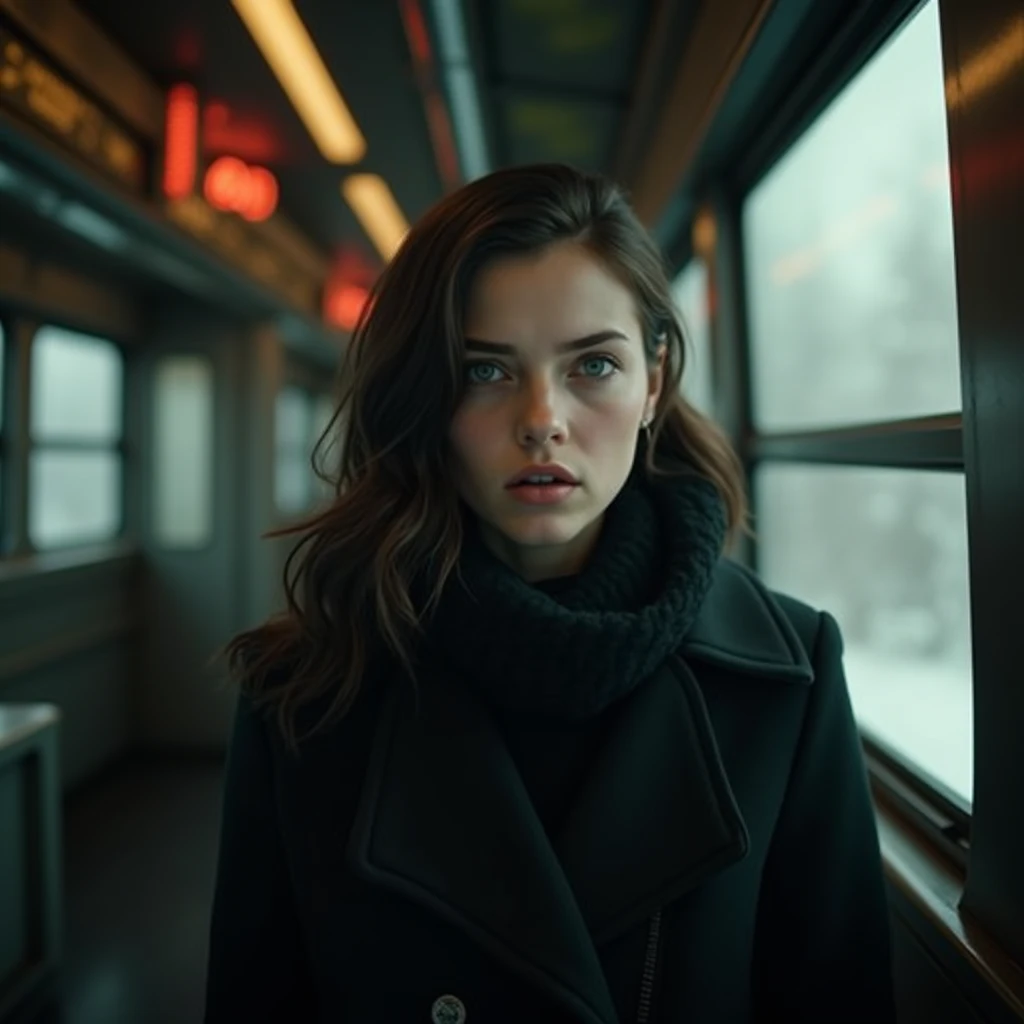 (Time-Traveling Train:1.2)、 (Travel through time and space )、train home, SF World,  intricate details, One young woman, Anxious and nervous face、Portrait photography,  black coat,Volumetric Lighting,  best quality, masterpiece,  tone mapping,  sharp concen...