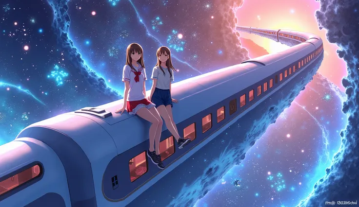 Girls on the roof of a train that transcends time and space、 fantasy 、anime、universe、 fractal art