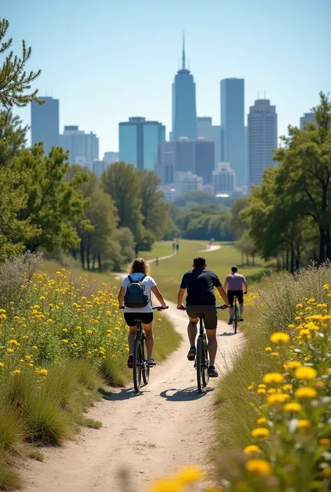 People riding bicycles through the Costanera Sur Ecological Reserve in spring : a group of friends pedaling along trails surrounded by flowery vegetation and green areas of the reserve. In the background,  it is possible to see the skyline of Buenos Aires ...