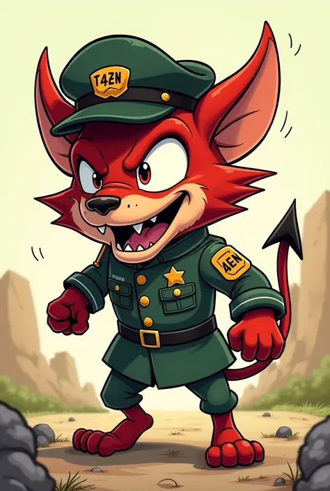  A Tasmanian demon wearing a military uniform in a cartoon, in the uniform that has the identifier  " taZz ",  and with a cap that has an identifier of "4en "