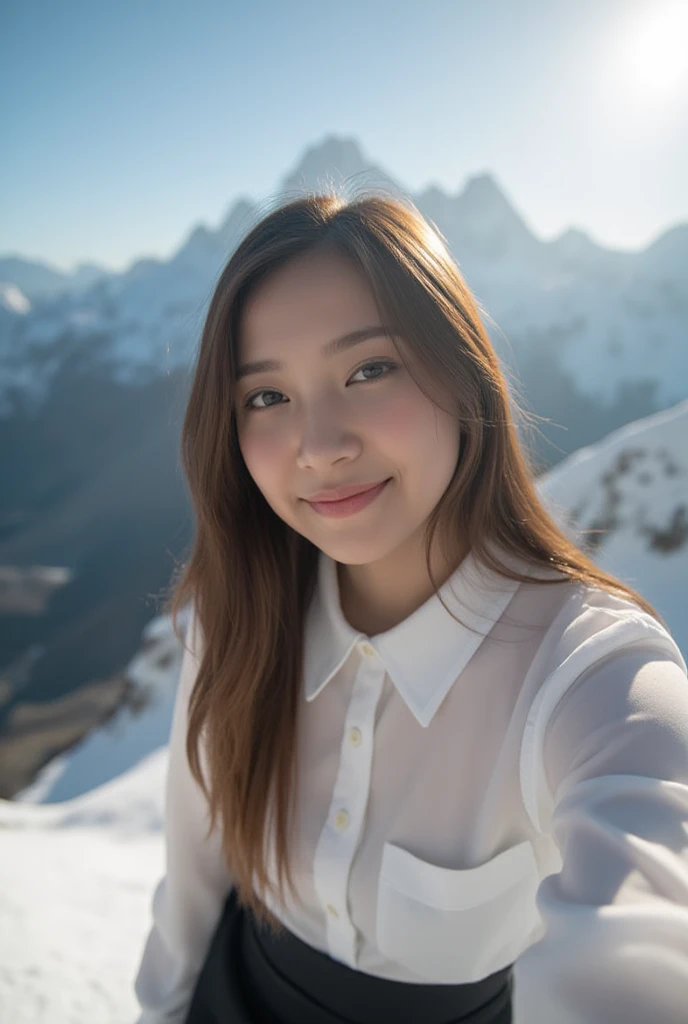 a cute Thai woman wearing students white shirt and black skirt, selfie at the highest point of Everest, epic landscape, dramatic lighting, ultra-detailed,high quality DSLR photograph, natural lighting,soft focus,warm tones,best quality,4k,8k,highres,master...