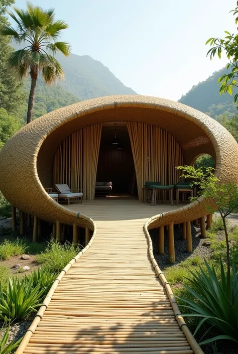 . View a large single-story bamboo building ,  with an organic structure that rises gently from the ground on stilts. The entrance is large and striking and invites you to enter ,  with an elegant and curved access ramp invites visitors to enter , made of ...