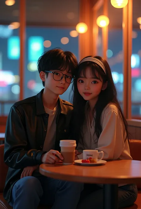 Create 8K anime couple character: {character 1: {background HD text: “Shwe Myint Mo Cafe”, city night}, white skin, realistic, HDR, handsome, korean style, full body, age 22, trend outfit: Jacket,pant, glow light, male, dark black hair, blue eye, use glass...