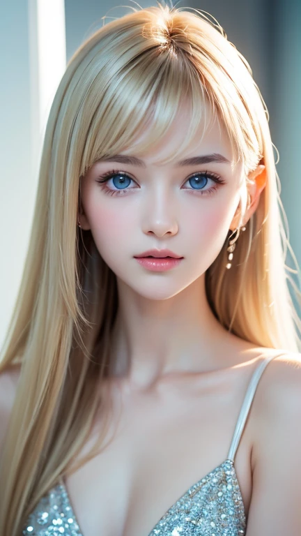  portrait、very white high school girl、Young, white, shiny skin 、Best Looks、Blonde Reflected Light 、 Platinum Blonde Hair with Dazzling Highlights 、Shiny bright hair、super long silky super long straight hair、Shiny, beautiful bangs、Shining, crystal clear, at...