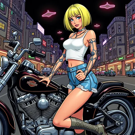 90s American comic style, detailed illustrations, steam punk, futuristic neon city, bustling alien markets, stunning blonde girl with short bob hairstyle, neon hair, blue eyes, mechanized arms, wearing a thin silver necklace, white tank top, distressed den...