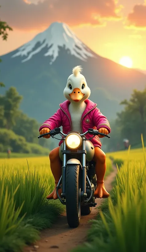  A duck wearing a pink jacket is riding a motorcycle in an Indonesian rice field, beautiful mountain view , the sun has set,