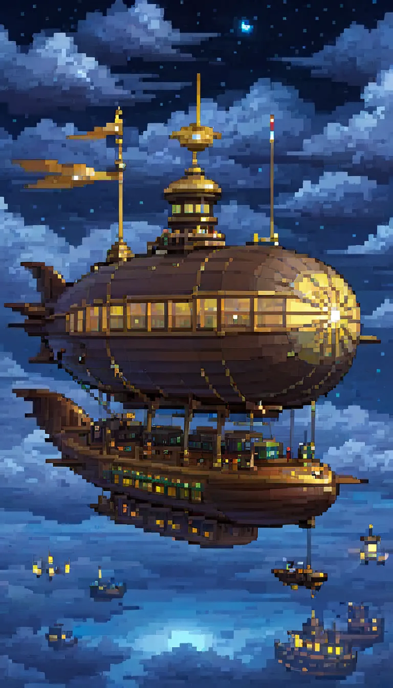 pixel art, ((1 a airship fantasy)), night, clouds, stars, (sky), top down view