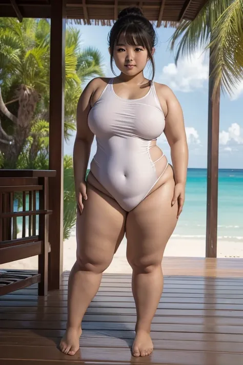 ((super highest quality)), ((masterpiece)), (be familiar with), High resolution, 4K, Full body shot, asian woman, chubby woman, ugly face, Otaku, barefoot, Chubby swimsuit, small breasts, thick legs, thick below the knees, thick arms, pussy, Are standing