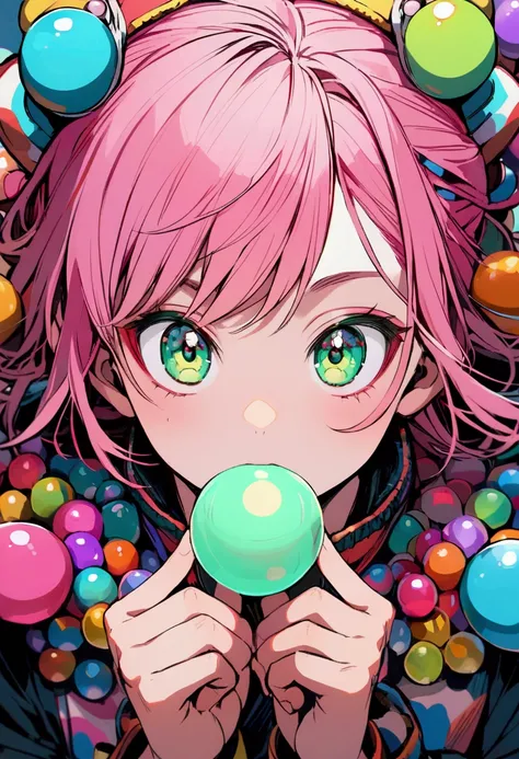 Boy with pink hair and green eyes chewing gum and with gum balls in both hands