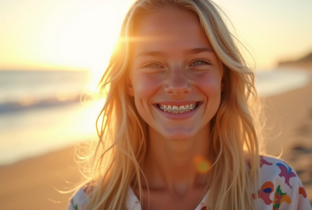 Girlwithbraces,Changpant,BlondeHair,BeachCloseup
A close-up shot of a 20-year-old blonde-haired girl with braces, standing on a sandy beach during sunset. She is wearing colorful elephant-patterned pants and a light linen blouse, smiling brightly with her ...