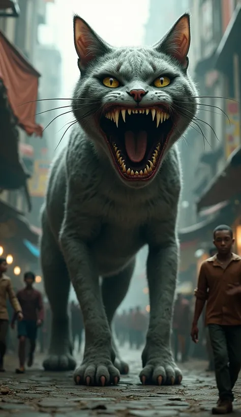 Create a image of a cat which have very big five mouth along with teeth and looking like horror and stand on the middle of market and many people are stand there 