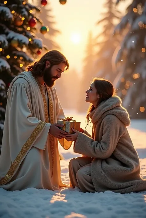 "A hyper-realistic and cinematic scene of Jesus Christ standing in a beautiful snowy landscape during Christmas time. The ground is covered in soft white snow, with tall, snow-dusted evergreen trees in the background. A large, beautifully decorated Christm...