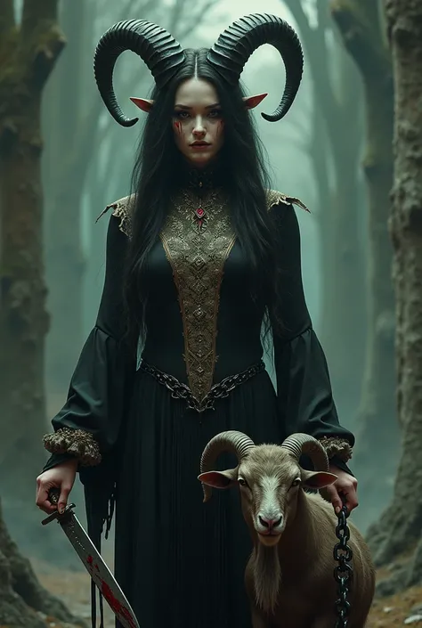  A beautiful girl looking forward ,  the girl has very large goat horns with eyes without pupils ,  in her right hand she has a dagger with blood and in her left hand she has a chain ,  the chain is tied to a goat that has an open mouth and with a demonic ...