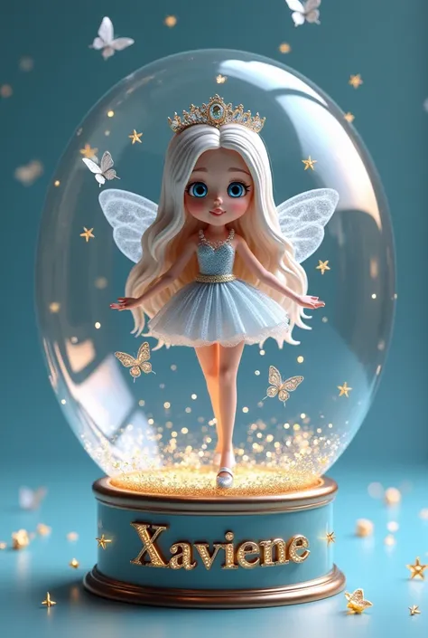 A captivating 3D render of a cute fairy, dressed in an exquisite ensemble and adorned with a dazzling silver crown and delicate butterflies. She
gracefully floats within a transparent bubble, surrounded by enchanting metallic golden stars that create an et...