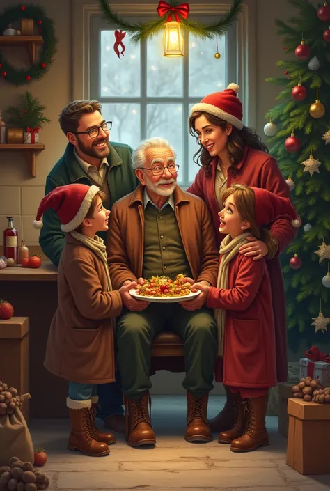 A happy traditional family that invited an elderly person in distressed clothes to Christmas dinner with little food