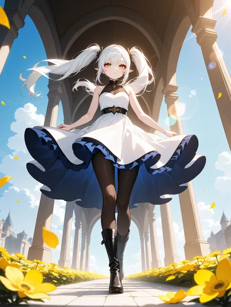  Fantasy, 1girl solo boots, Sleeveless dress, Golden eyes, makeup,eyeshadow, long hair, pantyhose, pointed ears, twintails, white hair, flowers,petals, sky, BREAK Bright And Sunny Lighting,Atmospheric Perspective, Vignetting,Lens Flare, Vanishing Point,
,m...