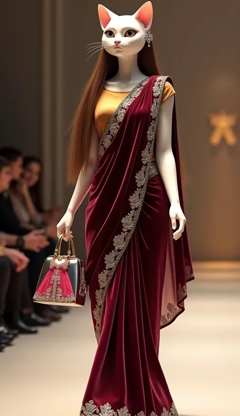 Mujhe khushi hai ki aapko description pasand aaya!

Ab, main aapko ek detailed scene description de dunga:

Ek glamorous fashion show ke runway par, ek tall, anthropomorphic white cat, jo ek stunning dark marron belbet saree  boluse colour golden mein phen...