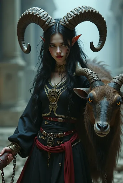  A beautiful girl looking forward ,  the girl has very large goat horns with eyes without pupils ,  in her right hand she has a dagger with blood and in her left hand she has a chain ,  the chain is tied to a goat that has an open mouth and with a demonic ...