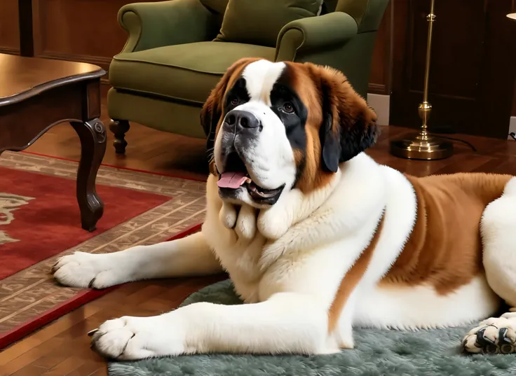 (masterpiece, Best Quality, Super detailed,Realistic,8k,), Warm and Cozy Living Room(Saint Bernard:1.5),(Dog mat ),Soft lighting of lamps,dark green sofa flooring floor with red carpet