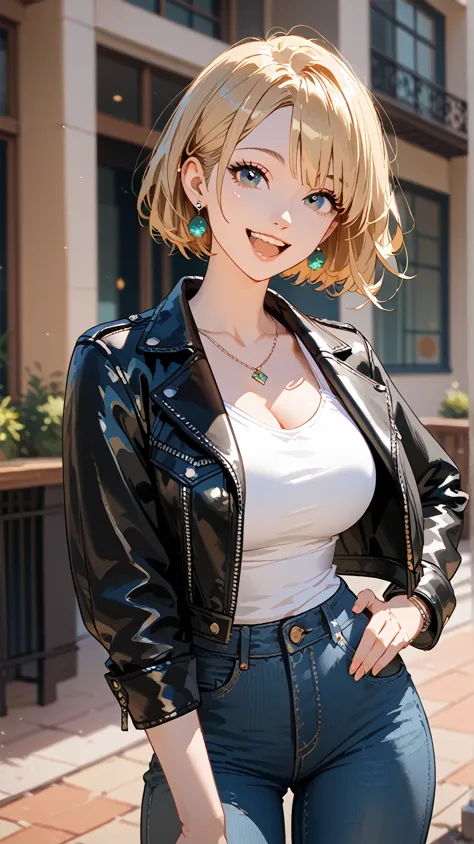 solo, 1girl, hd, accurate, short hair, blonde hair, earrings, happy, fisheye, wearing black leather jacket, white tank , jeans