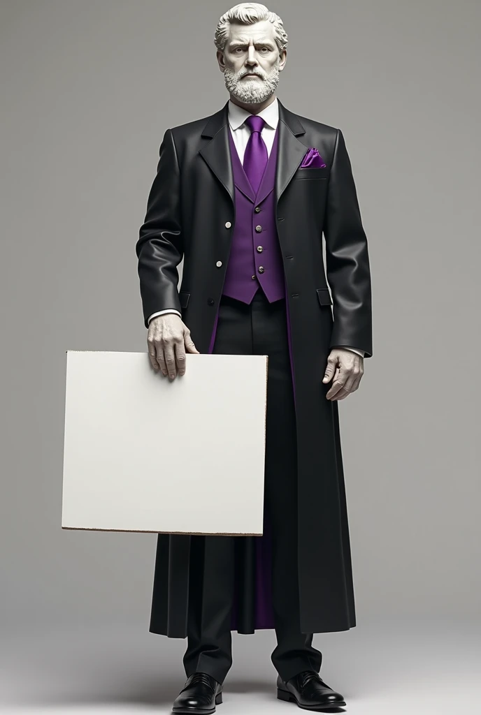 GREEK STATUE DRESSED IN A BLACK SUIT WITH PURPLE DETAILS HOLDING A LARGE WHITE PLAQUE ATTACHED TO A WOODEN HANDLE