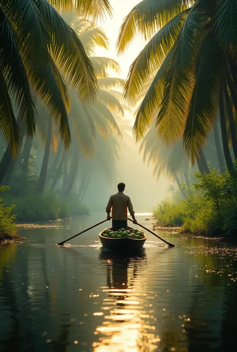 In a coconut grove in Phutthabucha, Bangmod, Bangkok, there is a coconut merchant paddling in Lampadong, in the sun, wearing a long-sleeved moho shirt.