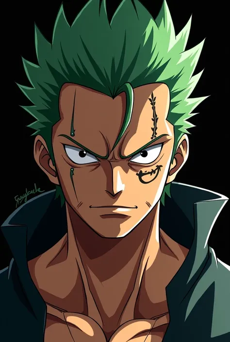 Anime character Zoro.  Logo name "Noyuae" . only face. Badass 