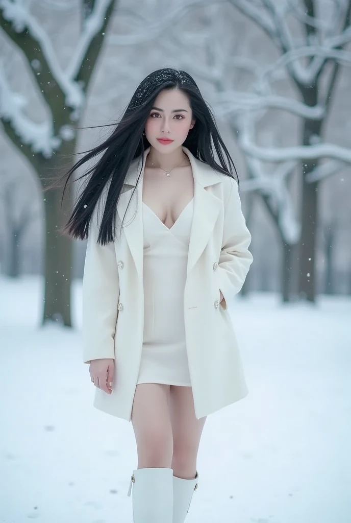 25 years old beautiful girl, jet black long hair, 4K high definition masterpiece, excellent quality, smooth skin and sharp focus (natural light, beautiful light, very good light), detailed face 1.2, snowy field background, snow covered trees, falling snow,...