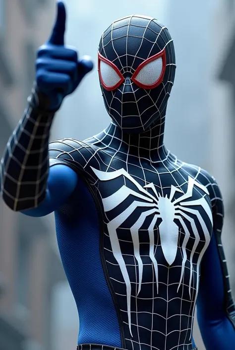 A spider-man in a blue and black suit with white nets raising his thumb,
