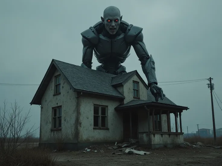 Threatening futuristic Android with a deformed face on top of an abandoned house