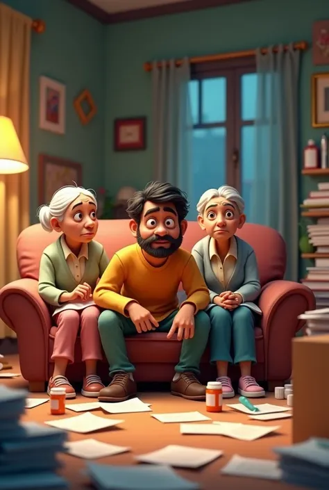 Generate in cinematic 3d cartoon style**
cluttered home where Raj looks stressed, attending to his elderly parents seated on a couch. Papers, medicines, and responsibilities surround him, showing his overwhelmed state.