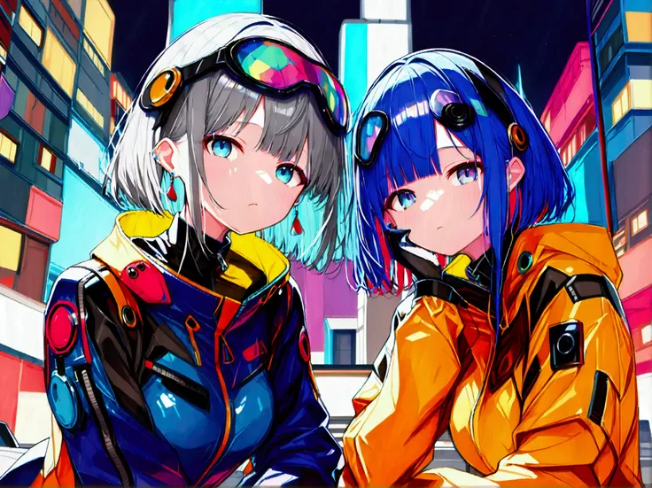 (Multiple girls),(最High image quality, 8k, masterpiece:1.3), (24 years old:1.5), (Grey Hair), ( bob cut ), (Oblique sky blue eyes), (( full body rubber suit 、blue、yellow line、colorful、no zipper 、rubber suit glossy 、Perfect fit、Full body shot、 look at this ...