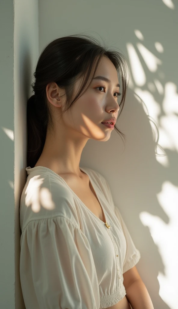 A close-up young thai woman standing gracefully against a white wall, her posture relaxed as dappled sunlight filters through the leaves above, casting soft shadows and patterns across her face and body. She gazes thoughtfully, with a serene expression, as...