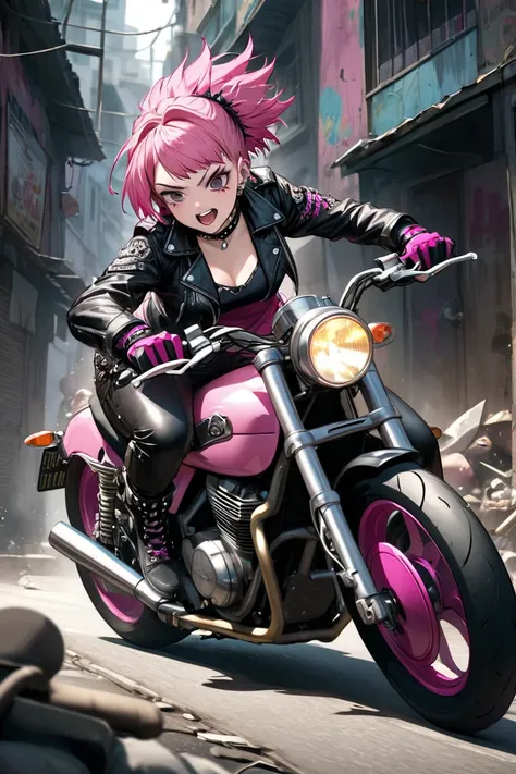 gothic punk woman riding motorcycle leather jacket leather pants punky pink short hair asymmetrical hairstyle motorcycle feeling fast leather gloves slum 