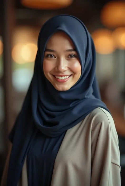 best image of 1 woman, 40 years old, indonesian, smile, hijab, bussinesswoman, intricate bussinesswoman pose, bussinesswoman, (((bokeh))), dynamic angle, depth of field,  cute face, looking at the viewer, masterpiece, cleavage, upper body portrait, ((8k, R...