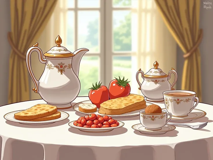 An anime-style illustration showcasing a luxurious Versailles-inspired breakfast feast displayed on a table. The scene features elegant ceramic tableware, captured from a low-angle close-up perspective. The composition uses clean and simple lines to highli...