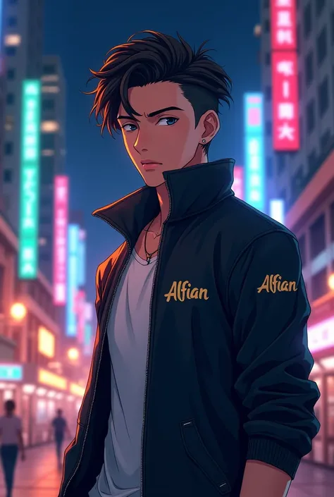 Make a full body anime of a handsome young man with his hair styled to the left with a background of night lights in a busy city wearing a jacket with the name Alfian written on his chest. 