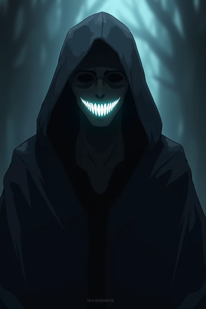 A ugly figure hiding behind a dark hood in an anime style with a bright smile 