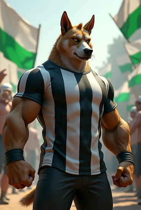 a muscular dog with a black and white striped shirt on the body of a human, humanoid, in the background moving green and white flags, realistic. ,4k