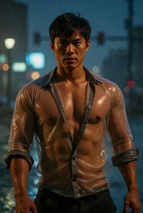 Japanese man with big pectoral muscles
My shirt is see-through because its wet in the rain