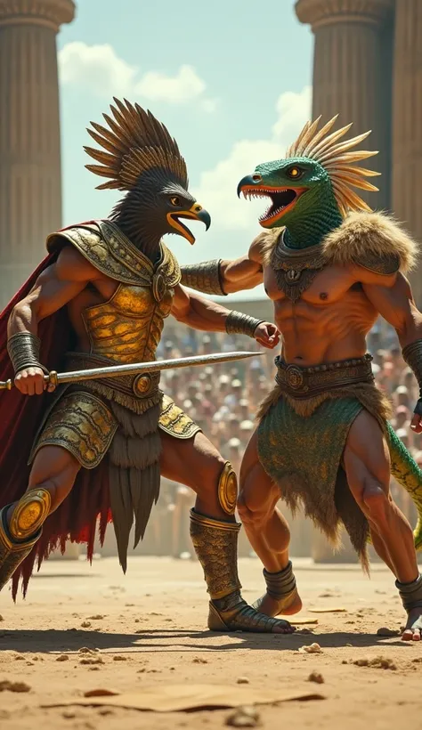 Create an epic action video set in an ancient gladiator arena, where two extraordinary combatants are in battle. The first fighter is a man with the head of a falcon, wearing golden gladiator armor with feather details, sharp eyes, and a fierce posture. Th...