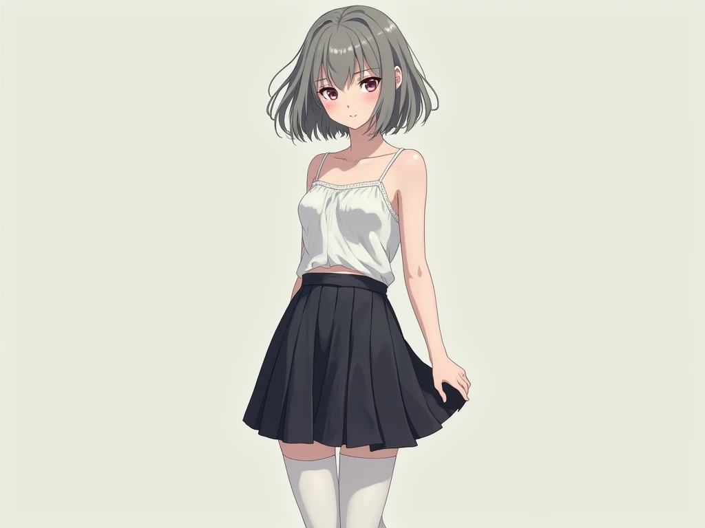  a 20-year-old white woman with short hair  ( up to the neck)  with gray eye bangs wearing a skirt and white tights (Let the whole body appear ) ( let the image ) (two from anime and two realistic )