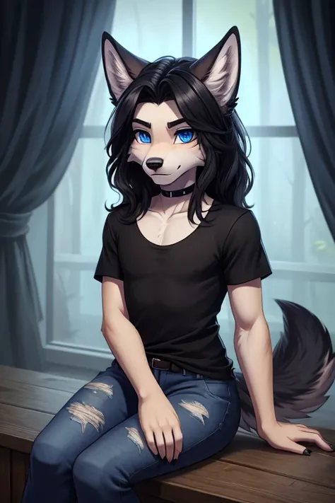 Asher was a male hybrid with several wolf traits.  His wavy black hair fell gently over his forehead ,  complementing his eyes of various colors  (Blue and black).  There was a small scar below his right eyelash that gave him a mysterious look,  and a lupi...