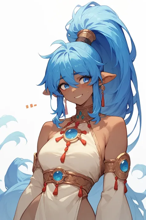 Woman, dark skin, blue hair, High pony hair, Long ponytail,blue eyes,Primitive clothing, Animal fur on the body, curvy body,Anime style,awkward smiles, smiling,inca style,curved