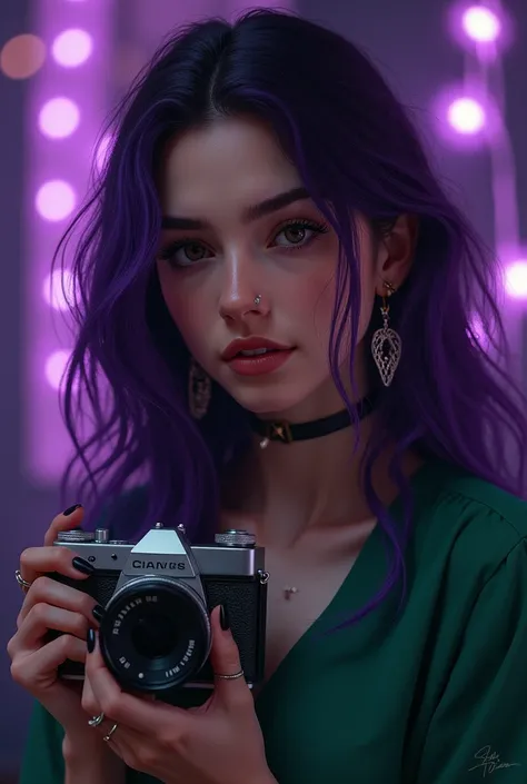 Jasmine wavy purple hair Pierce in the septum on the nose ear with several holes and earrings long purple hair dark brown eyes and dark purple lights dark purple lights green blouse clothes I hope it falls a small mouth holding a photo camera in one eye ta...