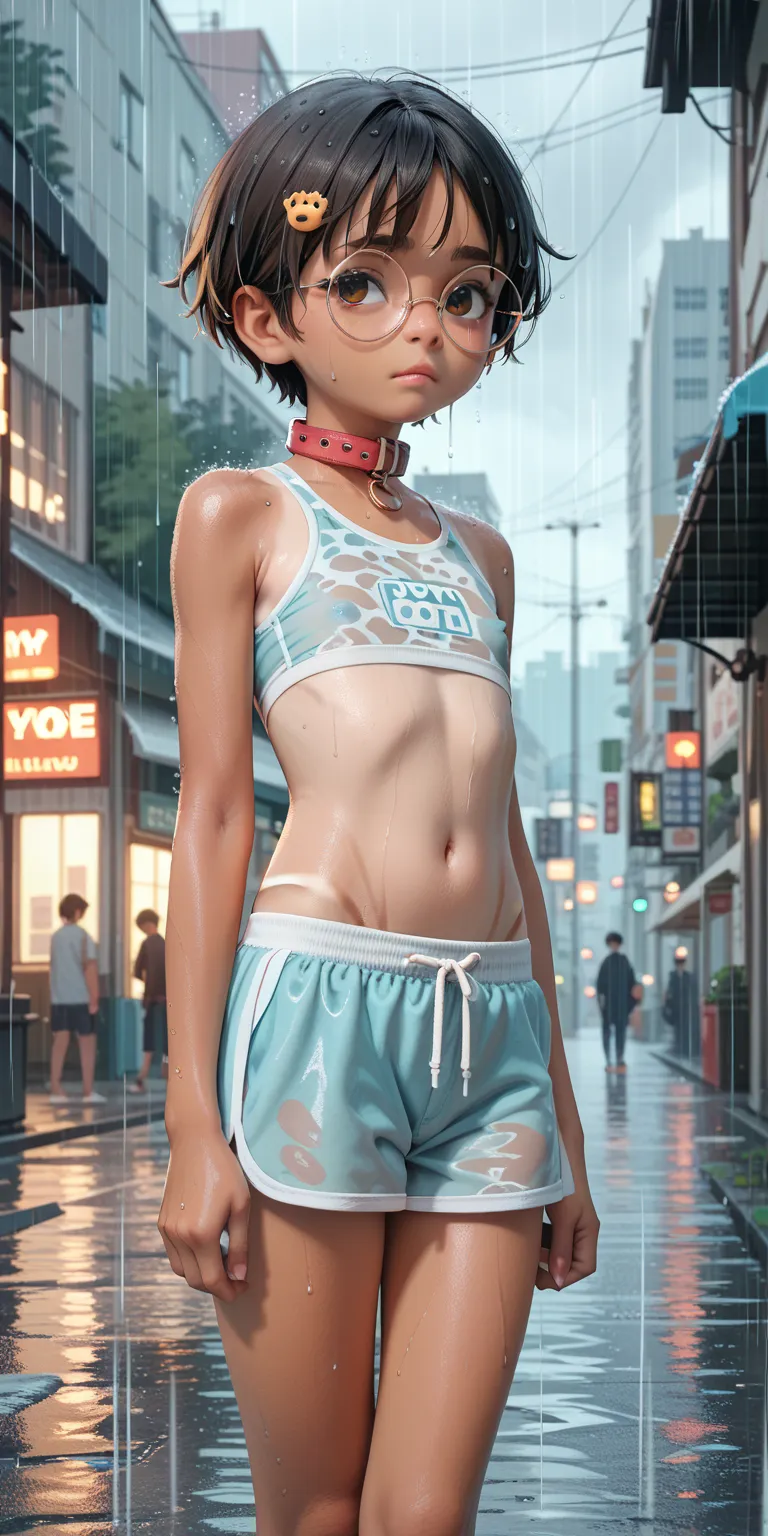 loli, 9yo, short hair, flat chest, tanlines, slutty clothes, round glasses, rain, city background, standing, pet collar