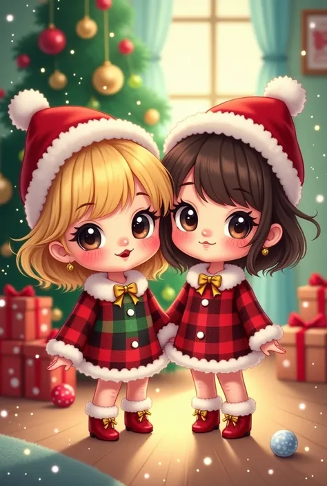  Make a cartoon of  twin babies, one with blond hair and the other with dark brown hair, using Christmas dresses and accessories 